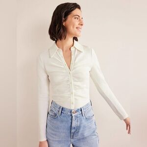 Boden Ruched Front Jersey Long Sleeve Button Up Top in Ivory - 4P Petite